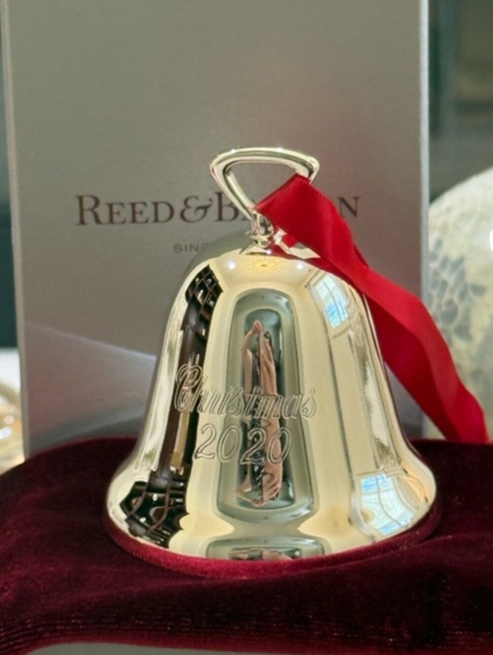 Reed & Barton Silver Holiday Bel Ornament with Red Ribbon